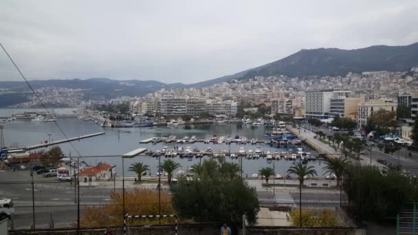 Hamnen Kavala Grekland Sett Utifrån Den Gamla Staden — Stockvideo