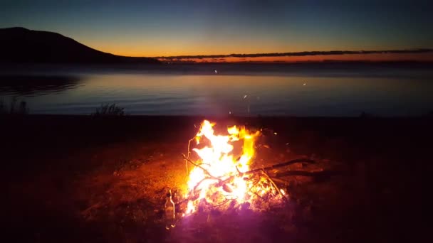 レフカダの日没の間にビーチで空のボトルでキャンプファイヤーギリシャ — ストック動画