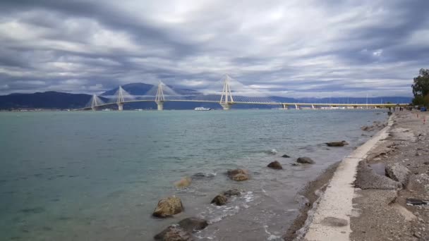 Rio Antirrio Bridge Crosses Gulf Corinth Linking Town Rio Antirrio — Stock Video