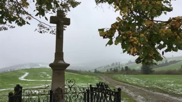 Cross Statue Snowy Mountain Landscape Liptov Region Slovakia — Stock Video