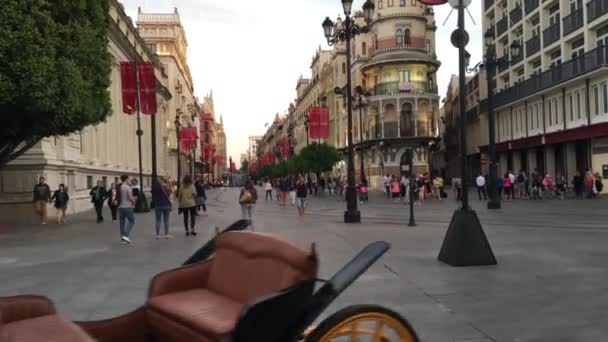 Paard Koetsen Passeren Bij Constitucion Sevilla Spanje — Stockvideo