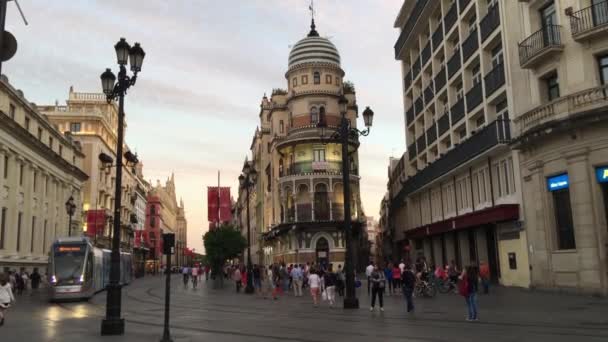 Tram Passing Constitucion Seville Spain — Stock Video