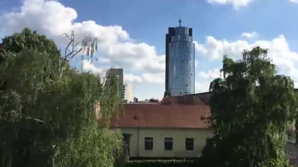 Train Arriving Passing Cibona Tower Zagreb Croatia — Stock Video