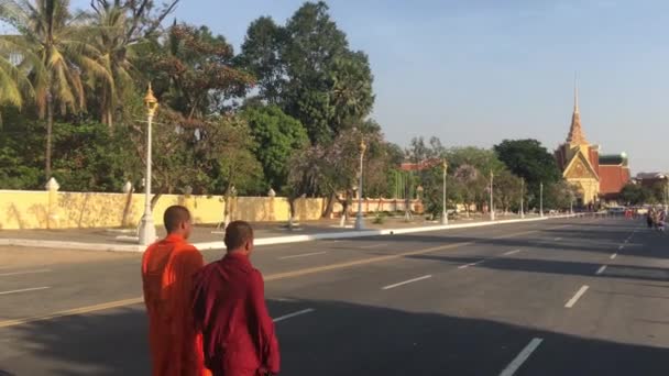 Jóvenes Monjes Caminando Carretera Frente Palacio Real Phnom Penh Camboya — Vídeo de stock