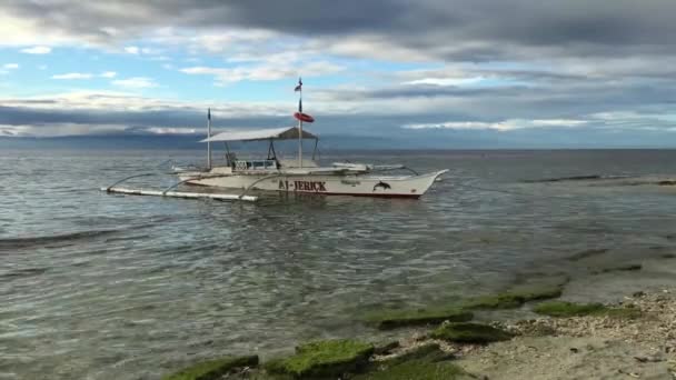 Catamaran Boat Het Water Bij Ochtend Balicasag Island Bohol Filippijnen — Stockvideo