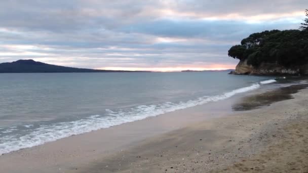 Playa Takapuna Por Mañana Con Isla Rangitoto Fondo Auckland Nueva — Vídeo de stock