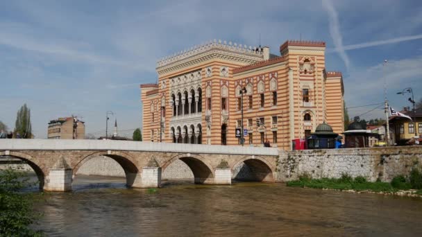 Stadhuis Sarajevo Rivier Miljacka Bosnië Herzegovina — Stockvideo