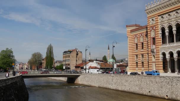 City Hall Sarajevo Miljacka River Bosnia Herzegovina — Stock Video
