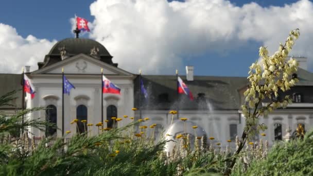 Flowers Flags Water Fountain Front Presidents Grassalkovich Palace Bratislava Slovakia — Stock Video