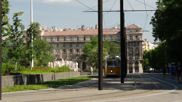 Gele Tram Langs Het Hongaarse Parlementsgebouw Boedapest Hongarije — Stockvideo