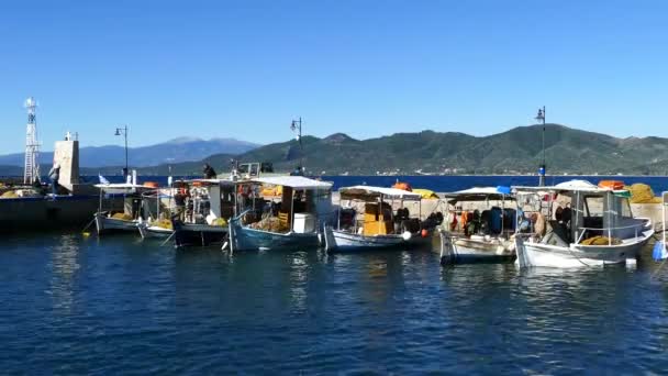 Fiskebåtar Hamnen Loutra Grekland — Stockvideo