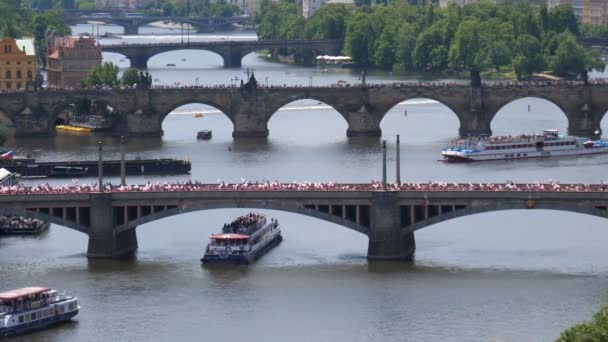 Nastro Rosa Folla Passeggiando Sopra Ponte Manesuv Most Praga Repubblica — Video Stock
