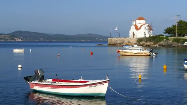 Boats Agios Petros Church Githio Greece — стокове відео