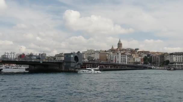 Galata Bridge Galata Tower Ferry Istanbul Turkey — 图库视频影像