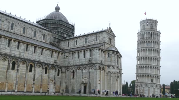 Pisa Katedralen Med Det Lutande Tornet Regnig Dag — Stockvideo