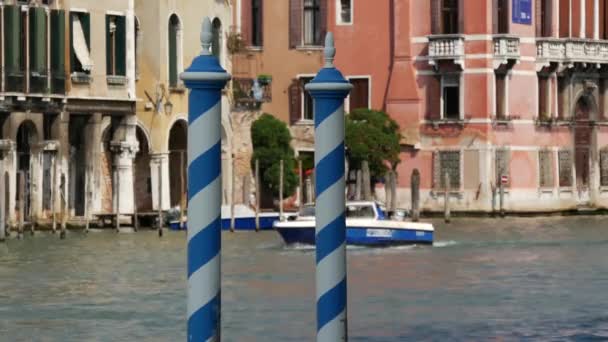 Postes Azules Con Policía Agua Pasando Por Fondo Venecia Italia — Vídeo de stock