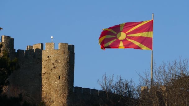 Bandera Macedonia Del Norte Fortaleza Del Samoil Macedonia — Vídeos de Stock