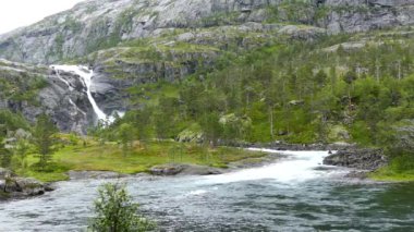 Norveç 'teki Hardangervidda Ulusal Parkı' nda şelale ve nehir manzarası