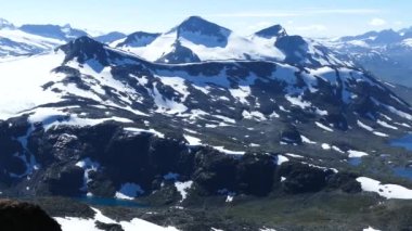 Norveç 'in Jotunheimen Ulusal Parkı' ndaki bir göl ve dağ manzarasından Pan