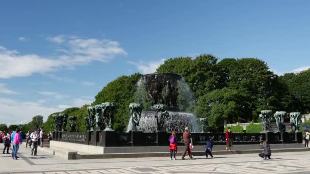 挪威奥斯陆维格兰雕塑公园喷泉周围的人群 — 图库视频影像