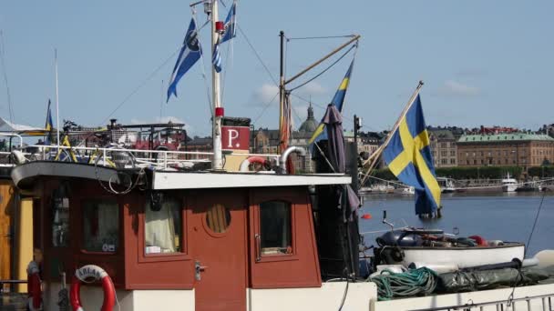 Лодки Шведскими Флагами Skeppsholmen Stockholm Sweden — стоковое видео