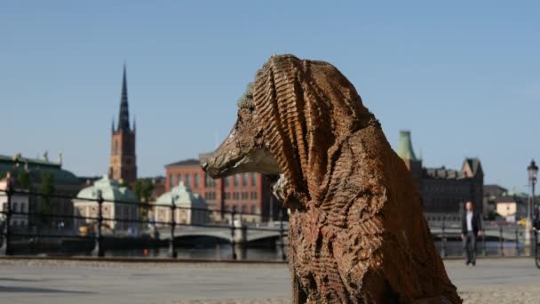 Rag Hueso Con Una Estatua Manta Estocolmo Con Iglesia Riddarholm — Vídeos de Stock