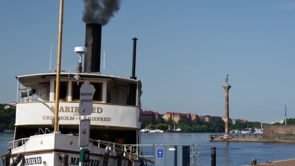 Cruiseschepen Met Stoom Naast Het Stadhuis Van Stockholm Zweden — Stockvideo