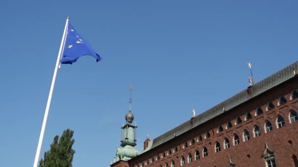 瑞典斯德哥尔摩市政厅的欧洲国旗 — 图库视频影像