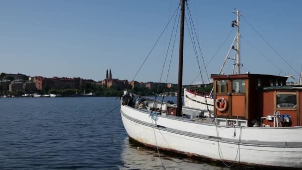 瑞典斯德哥尔摩以游轮为背景的传统渔船 — 图库视频影像