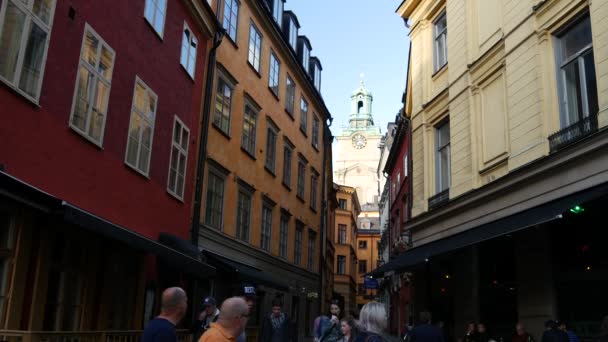 Gamla Stan Stockholm Arkasında Kraliyet Sarayı Kilisesi Olan Bir Cadde — Stok video