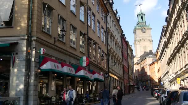 Gamla Stan Stockholm Arkasında Kraliyet Sarayı Kilisesi Olan Bir Cadde — Stok video