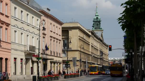Verkeer Krakau Przedmiescie Straat Warschau Polen — Stockvideo