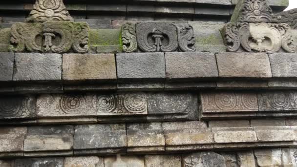 インドネシア中部ジャワ州マゲランにある9世紀の大乗仏教寺院ボロブドゥールの仏像から下に傾きます — ストック動画