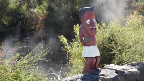 新西兰罗托鲁阿Whakarewarewa热谷的毛利族雕像 背景为Geyser — 图库视频影像