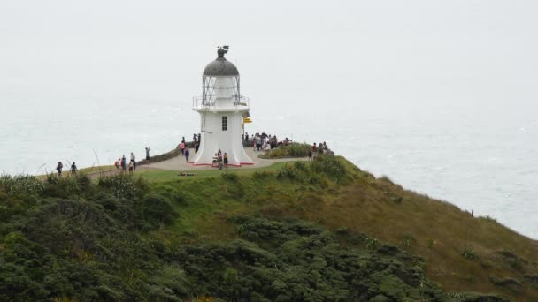 Turistas Farol Cape Reinga Ponta Mais Noroeste Península Aupouri Extremo — Vídeo de Stock