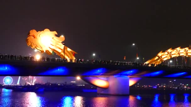 Драгонный Мост Фейерверками Фоне Празднования Китайского Нового Года Вьетнамском Городе — стоковое видео