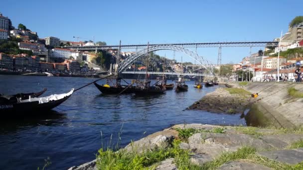 Дерев Яні Човни Річковому Лурі Порто Португалії — стокове відео