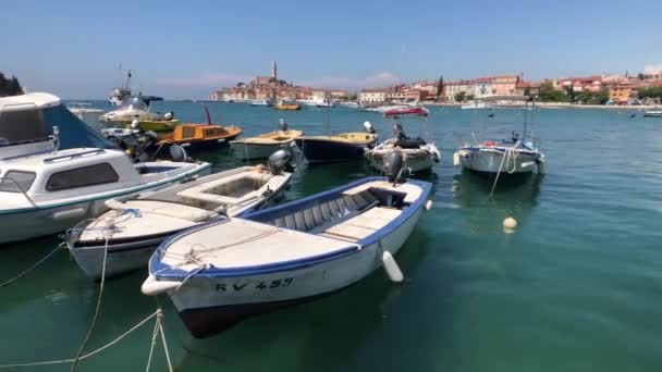 Båtar Framför Skyline Rovinj Kroatien — Stockvideo