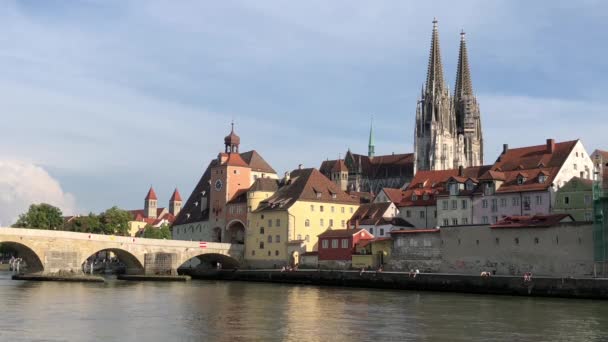 Stone Bridge Danube River Regensburg Germany — Stock Video