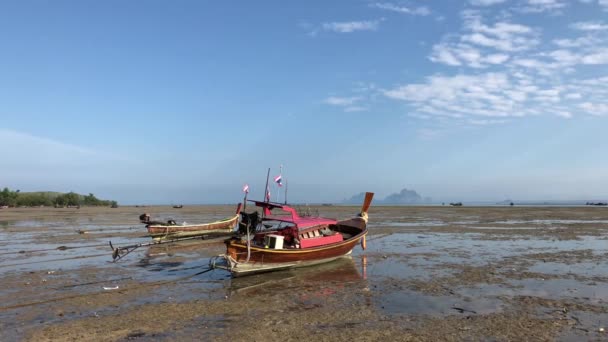 Длиннохвостые Рыбацкие Лодки Пляже Время Отлива Мук Koh Mook Таиланд — стоковое видео