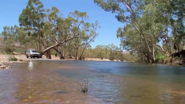 Cuatro Ruedas Motrices Que Conducen Través Del Agua Interior Australia — Vídeos de Stock