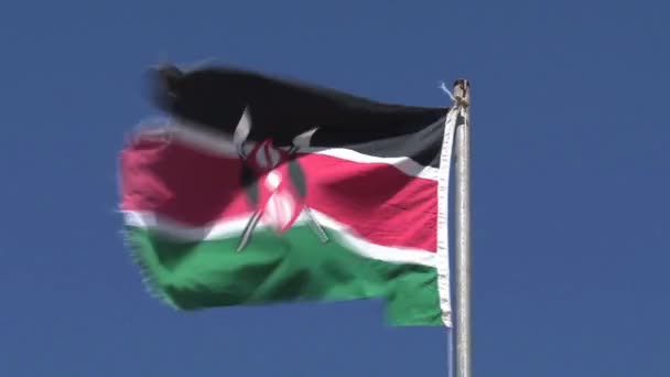 Kenyansk Flagga Som Blåser Vinden Mot Blå Himmel — Stockvideo