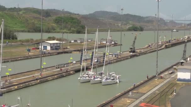 Segelboote Fahren Einer Dreiergruppe Das Tor Des Panamakanals Ein — Stockvideo