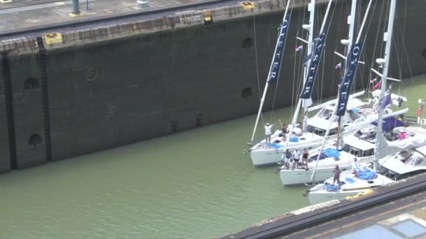 Sailboats Leaving Panama Canal Gate Close — Stock Video