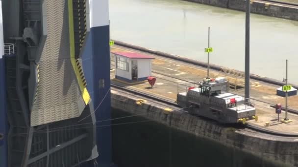 Locomotive Mulo Tirando Grande Nave Nykline Attraverso Panama Canal Miraflores — Video Stock