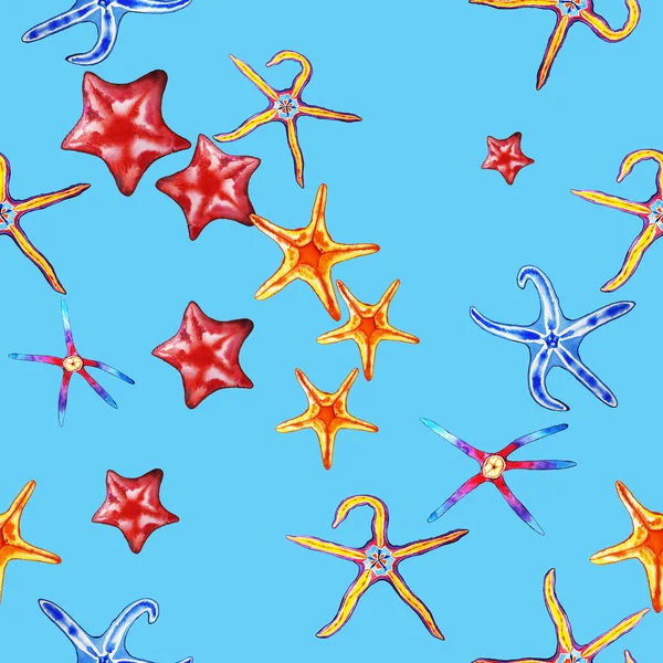 Blue Seamless Pattern Sea Stars Ornament Hands Drawn Watercolor Starfish — стоковое фото