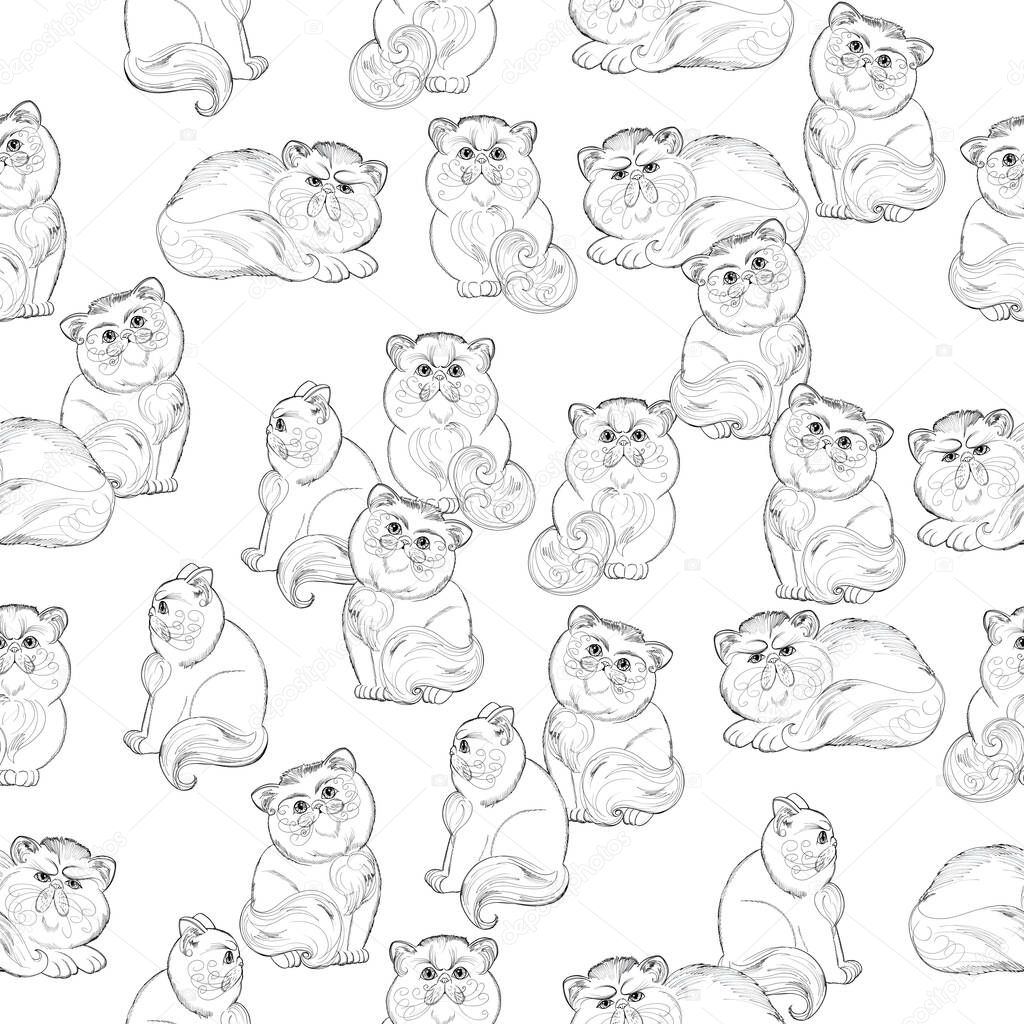 Seamless pattern with a lots of long haired white cats on a white background.