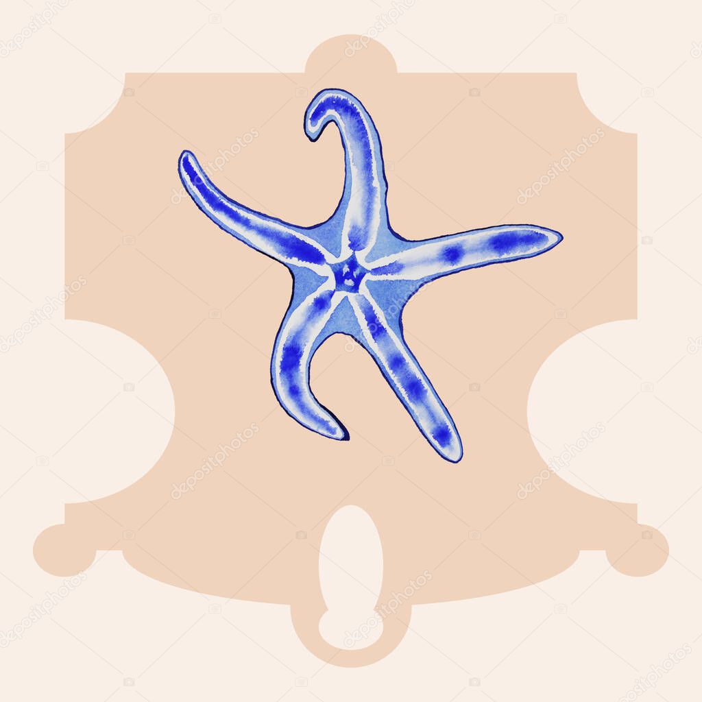 Decorative composition blue starfish on a champagne color background. Hand drawn watercolor sketch of a starfish.