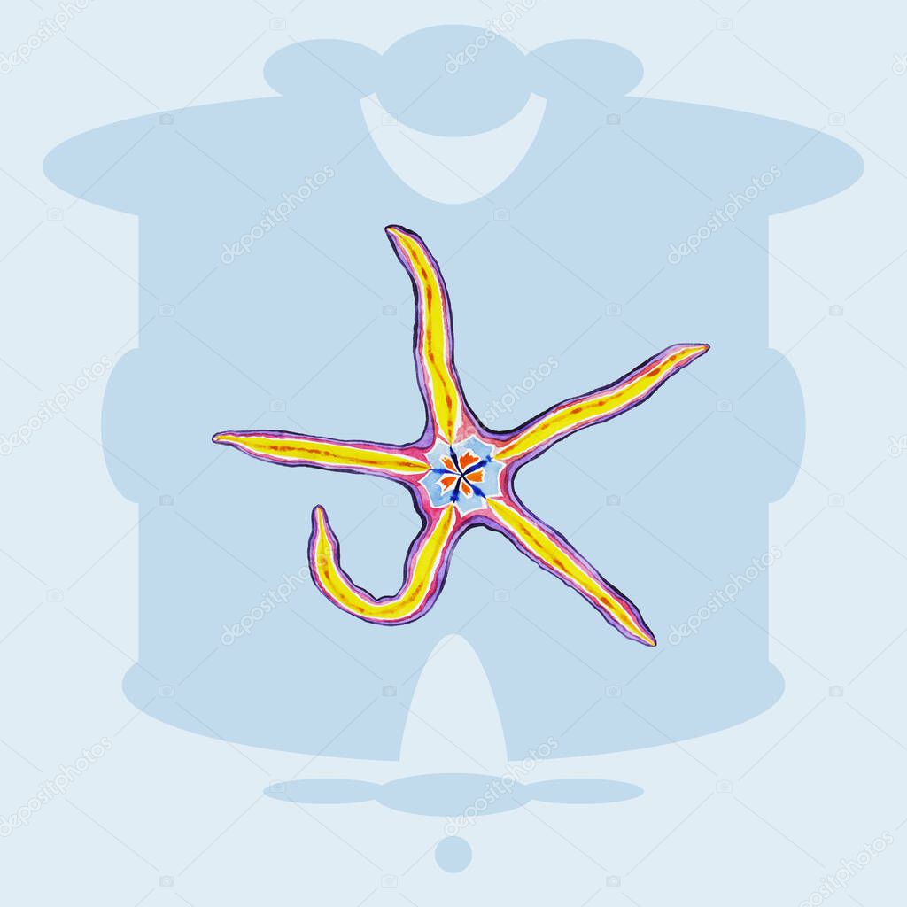 Decorative composition multicolor starfish on a blue background. Hand drawn watercolor sketch of a starfish.