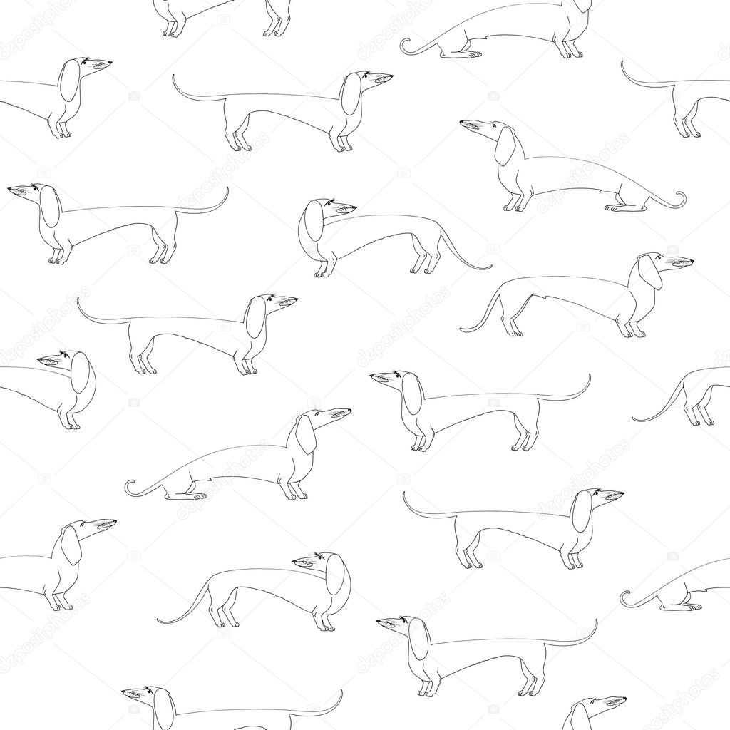 Dachshund dog hand drawn in black ink sketch white seamless pattern.